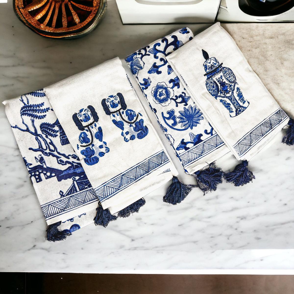 Chinoiserie Embroidered Tea Towels - Blue & White Cotton