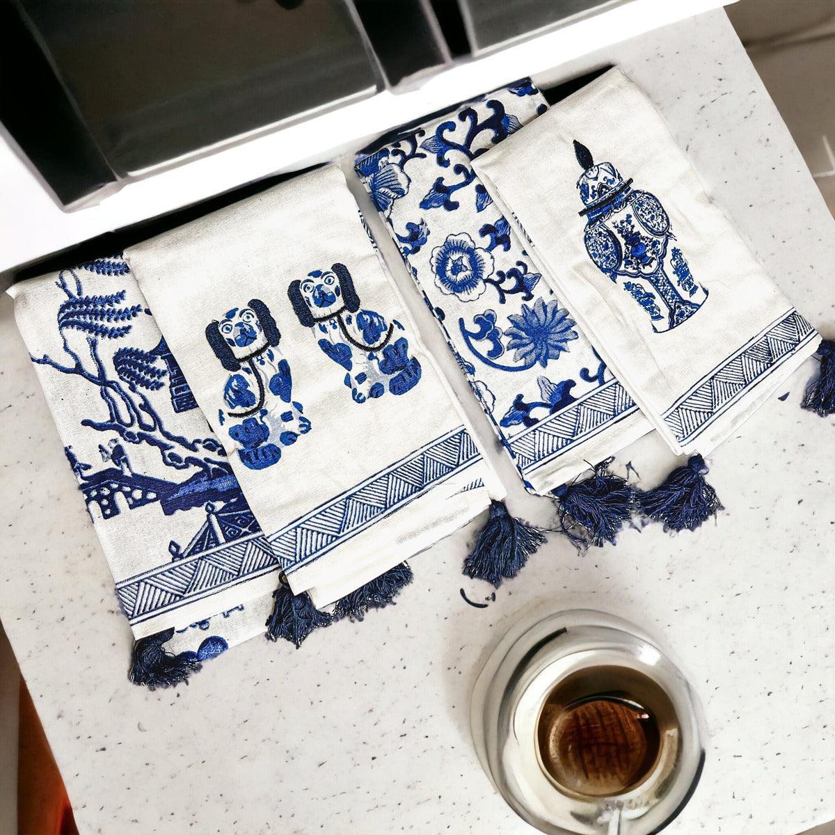 Chinoiserie Embroidered Tea Towels - Blue & White Cotton