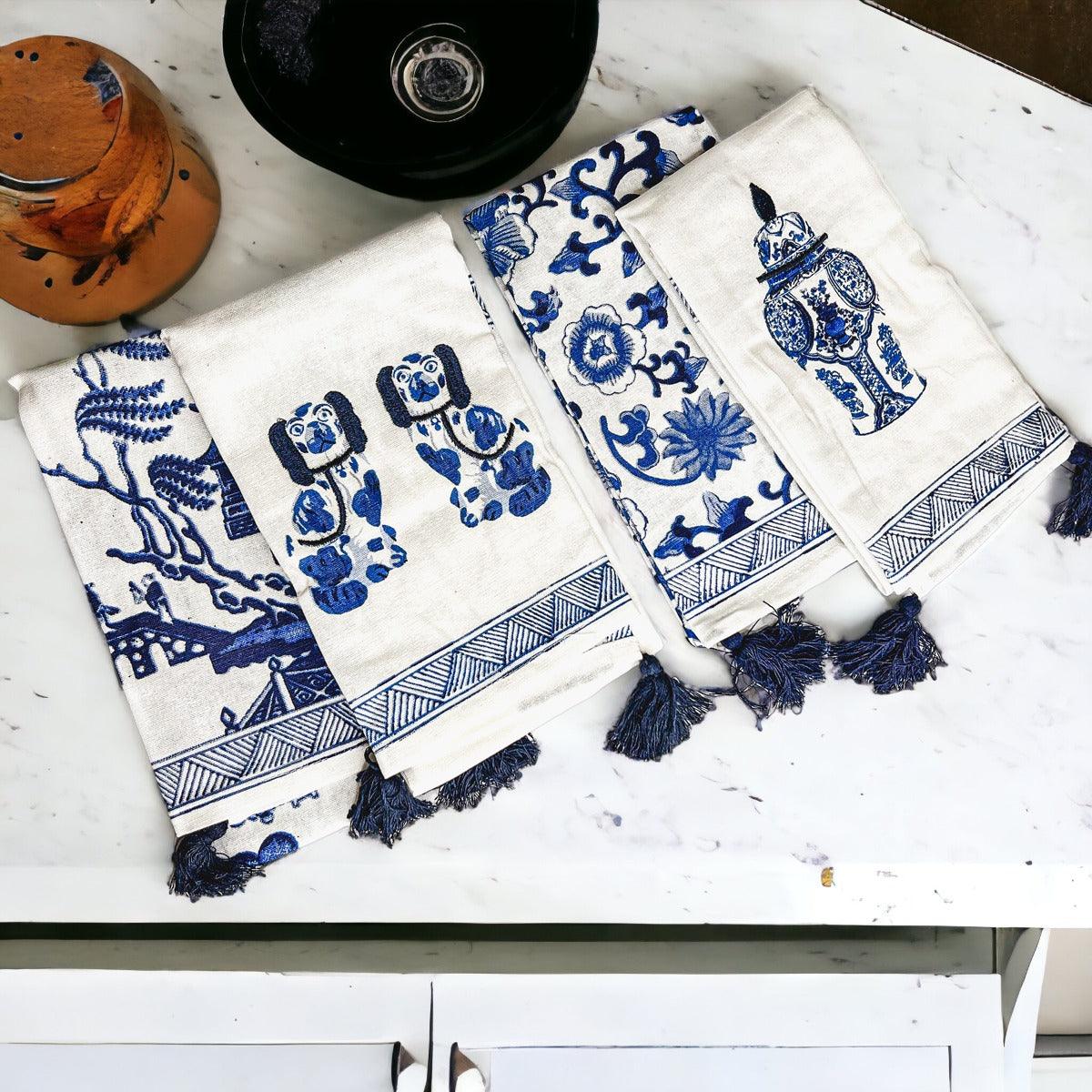 Chinoiserie Embroidered Tea Towels - Blue & White Cotton