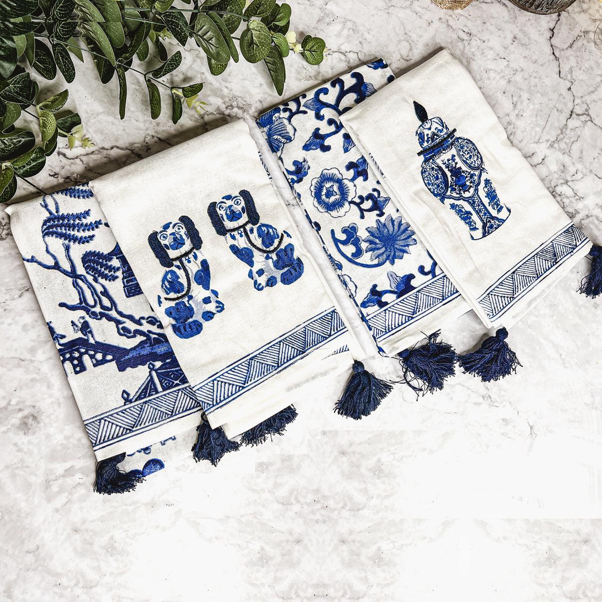 Chinoiserie Embroidered Tea Towels - Blue & White Cotton