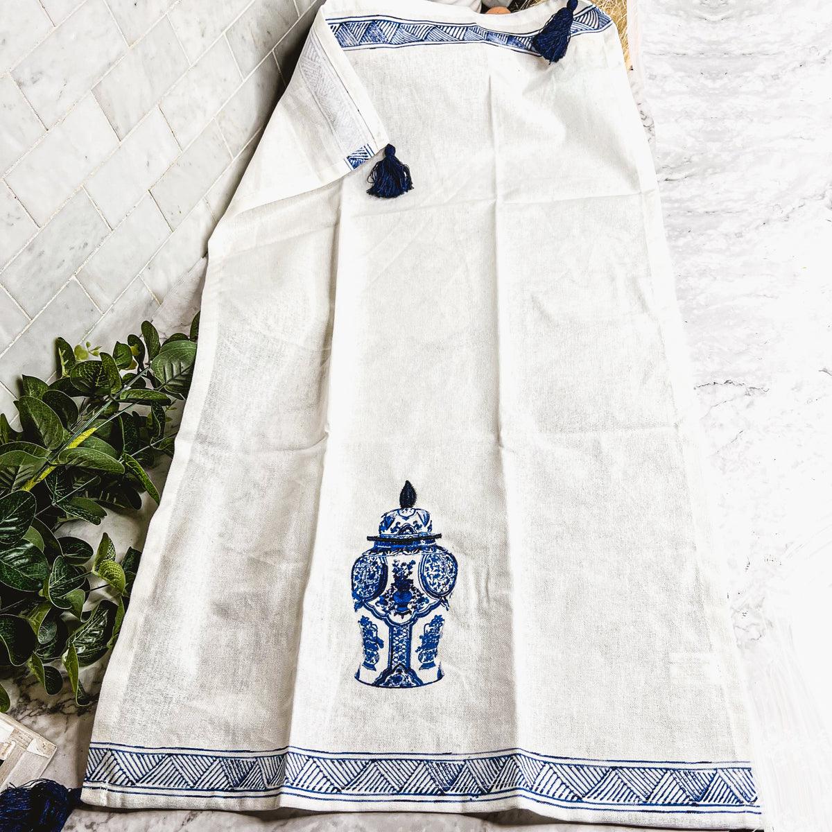 Chinoiserie Embroidered Tea Towels - Blue & White Cotton