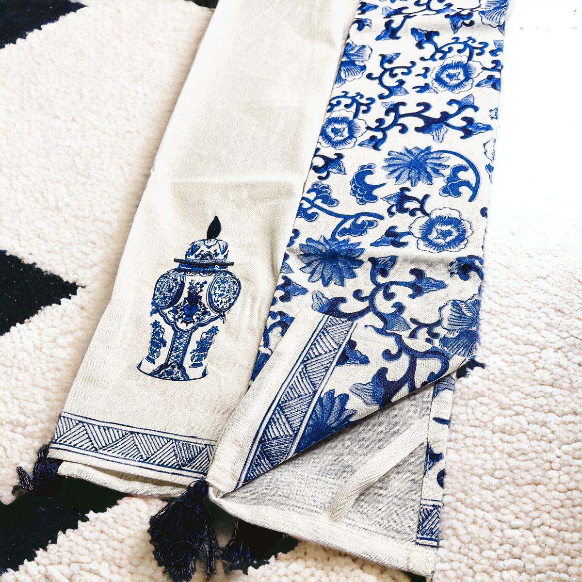 Chinoiserie Embroidered Tea Towels - Blue & White Cotton
