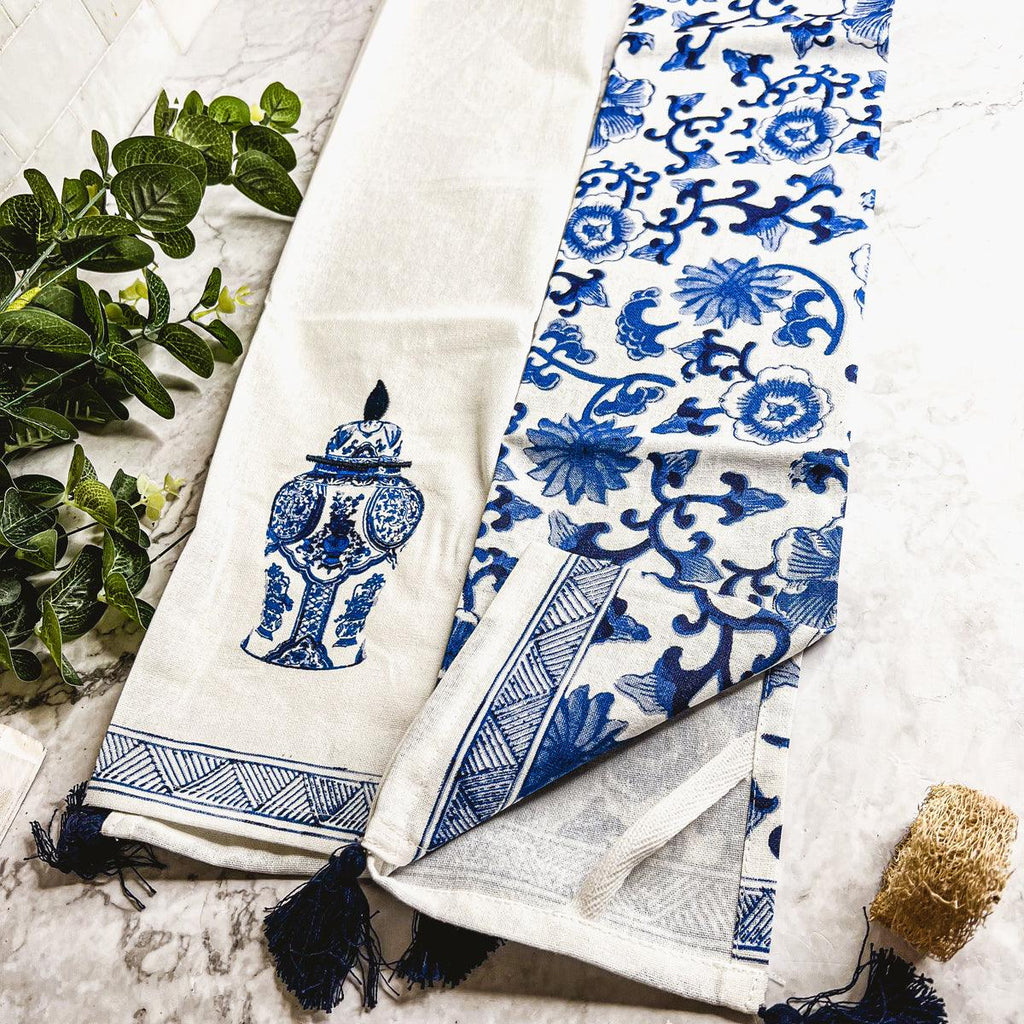 Chinoiserie Embroidered Tea Towels - Blue & White Cotton