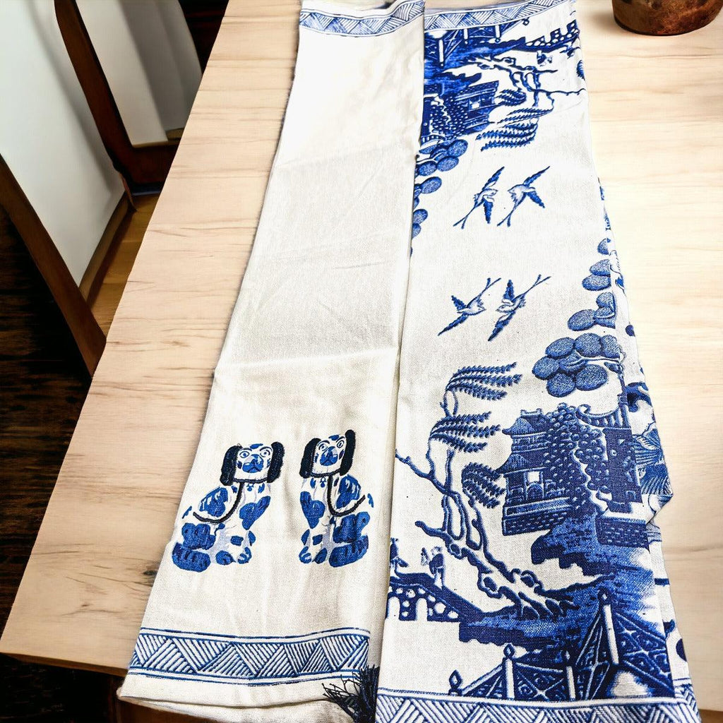 Chinoiserie Embroidered Tea Towels - Blue & White Cotton