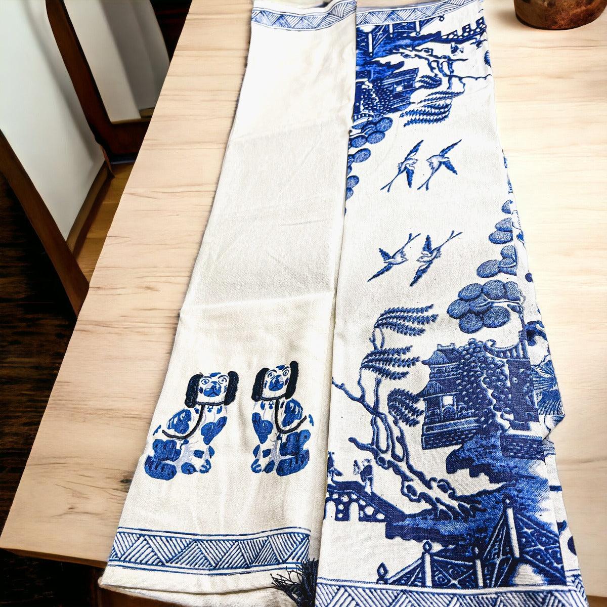 Chinoiserie Embroidered Tea Towels - Blue & White Cotton