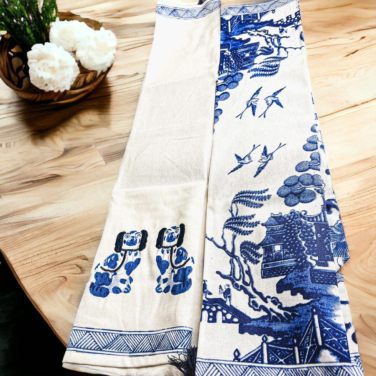 Chinoiserie Embroidered Tea Towels - Blue & White Cotton