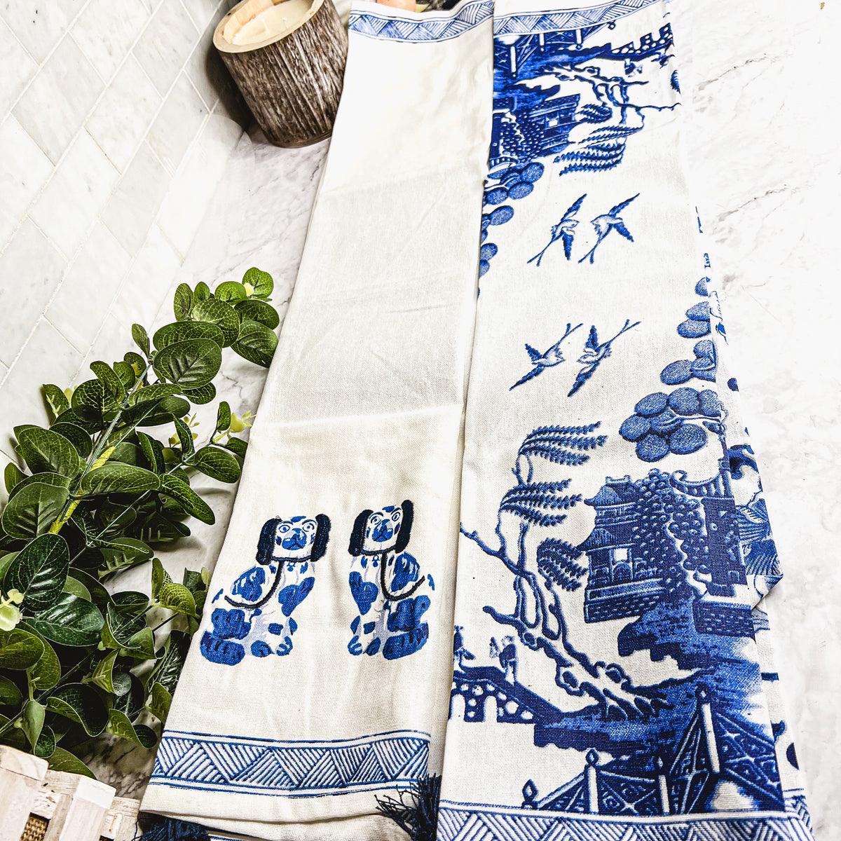 Chinoiserie Embroidered Tea Towels - Blue & White Cotton