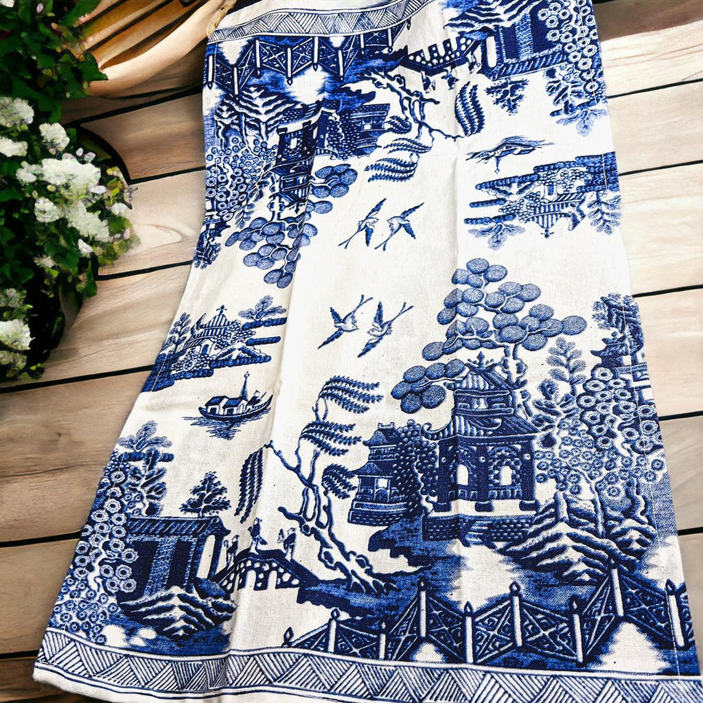 Chinoiserie Embroidered Tea Towels - Blue & White Cotton
