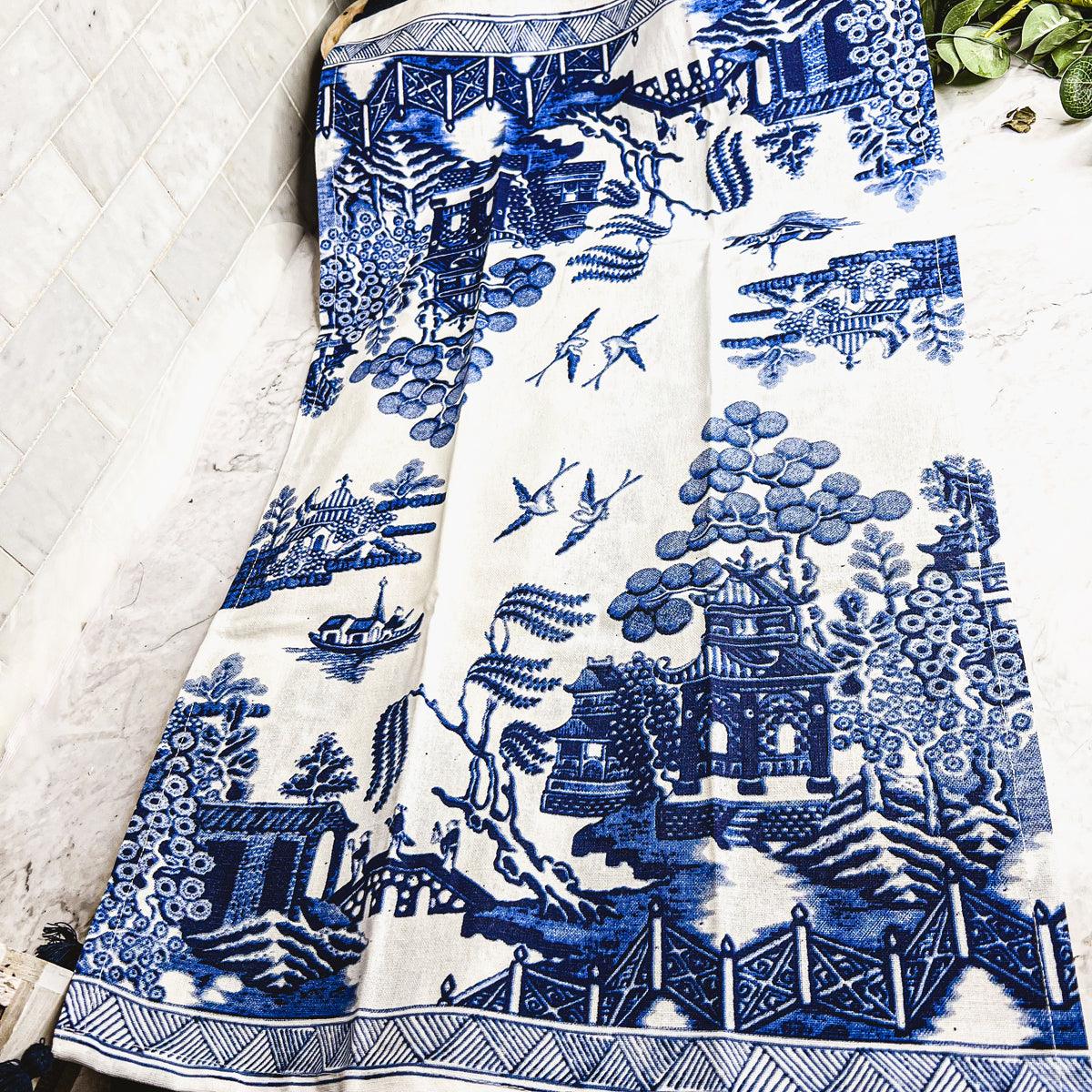 Chinoiserie Embroidered Tea Towels - Blue & White Cotton