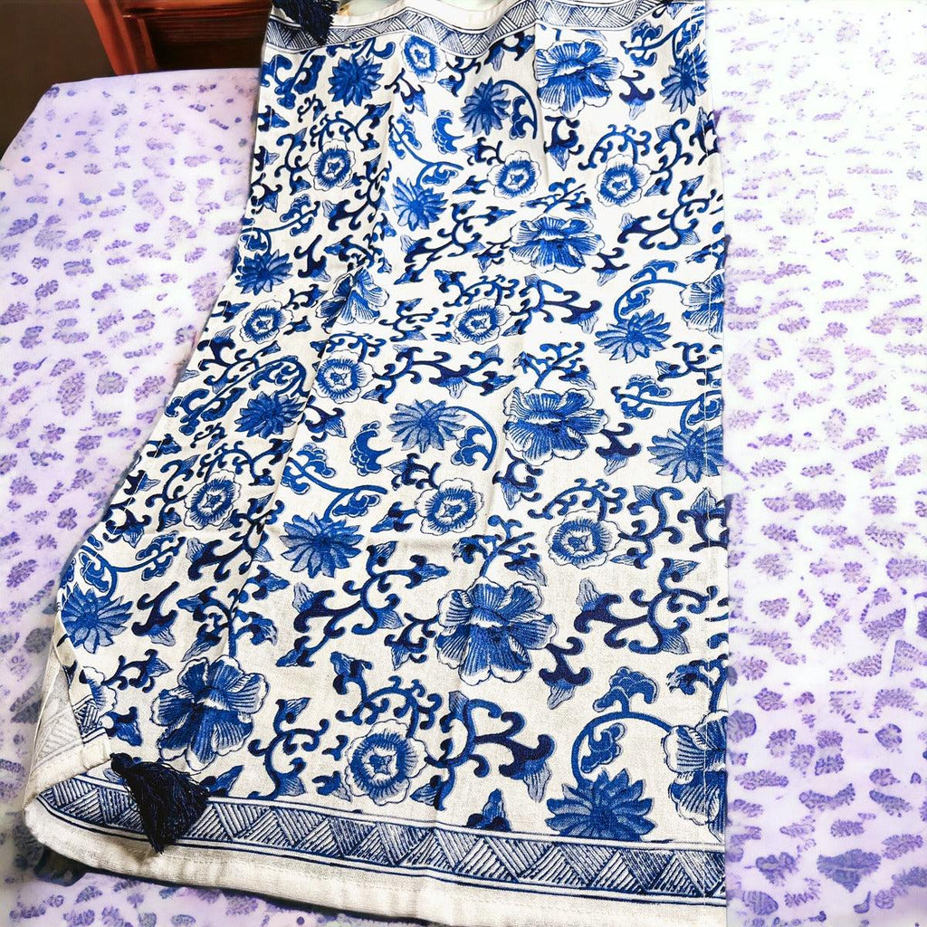 Chinoiserie Embroidered Tea Towels - Blue & White Cotton