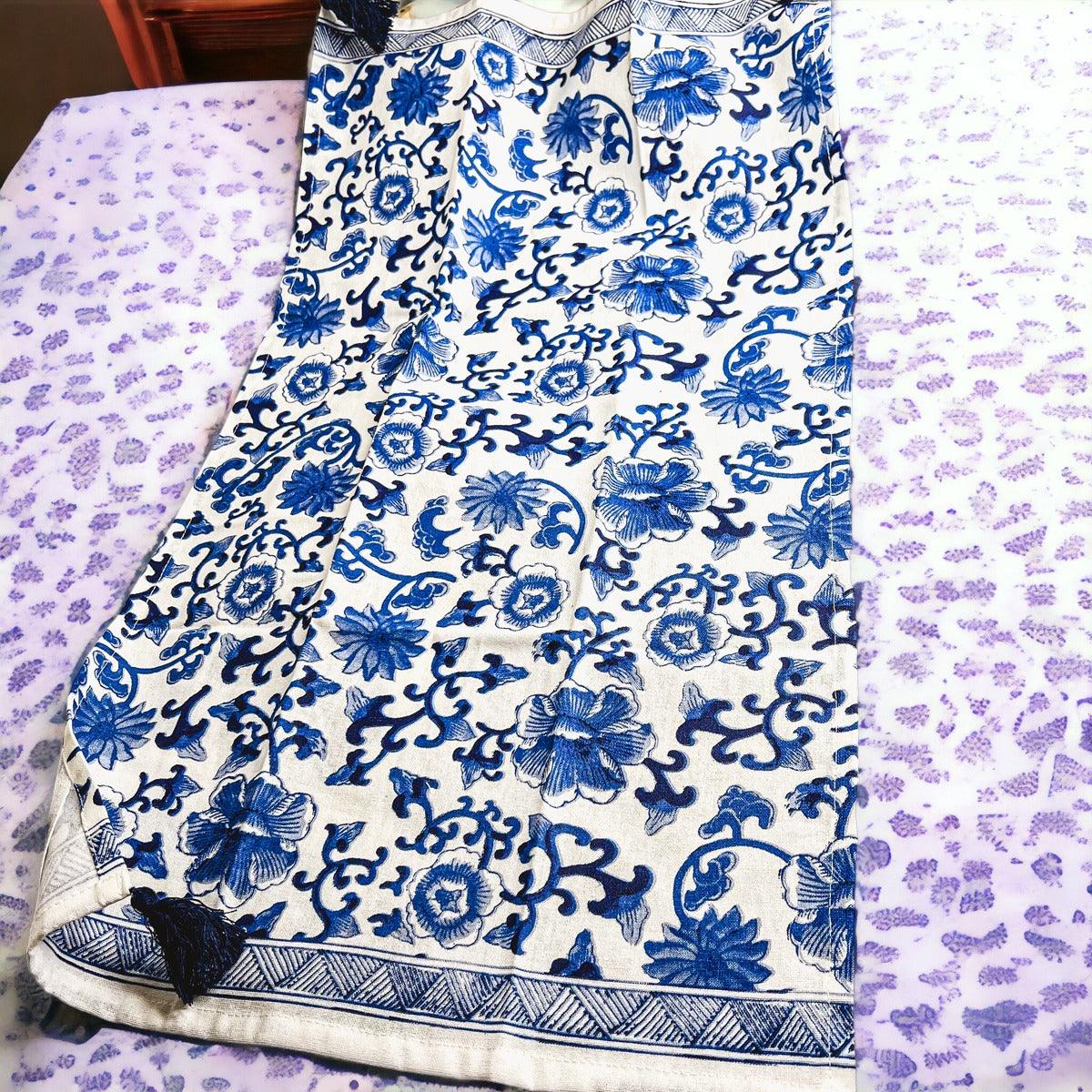 Chinoiserie Embroidered Tea Towels - Blue & White Cotton