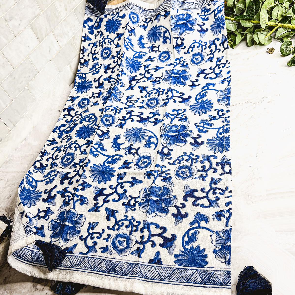 Chinoiserie Embroidered Tea Towels - Blue & White Cotton