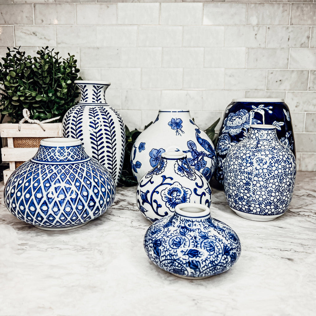 Samira Blue Chinoiserie Porcelain Vases - Hand-Painted