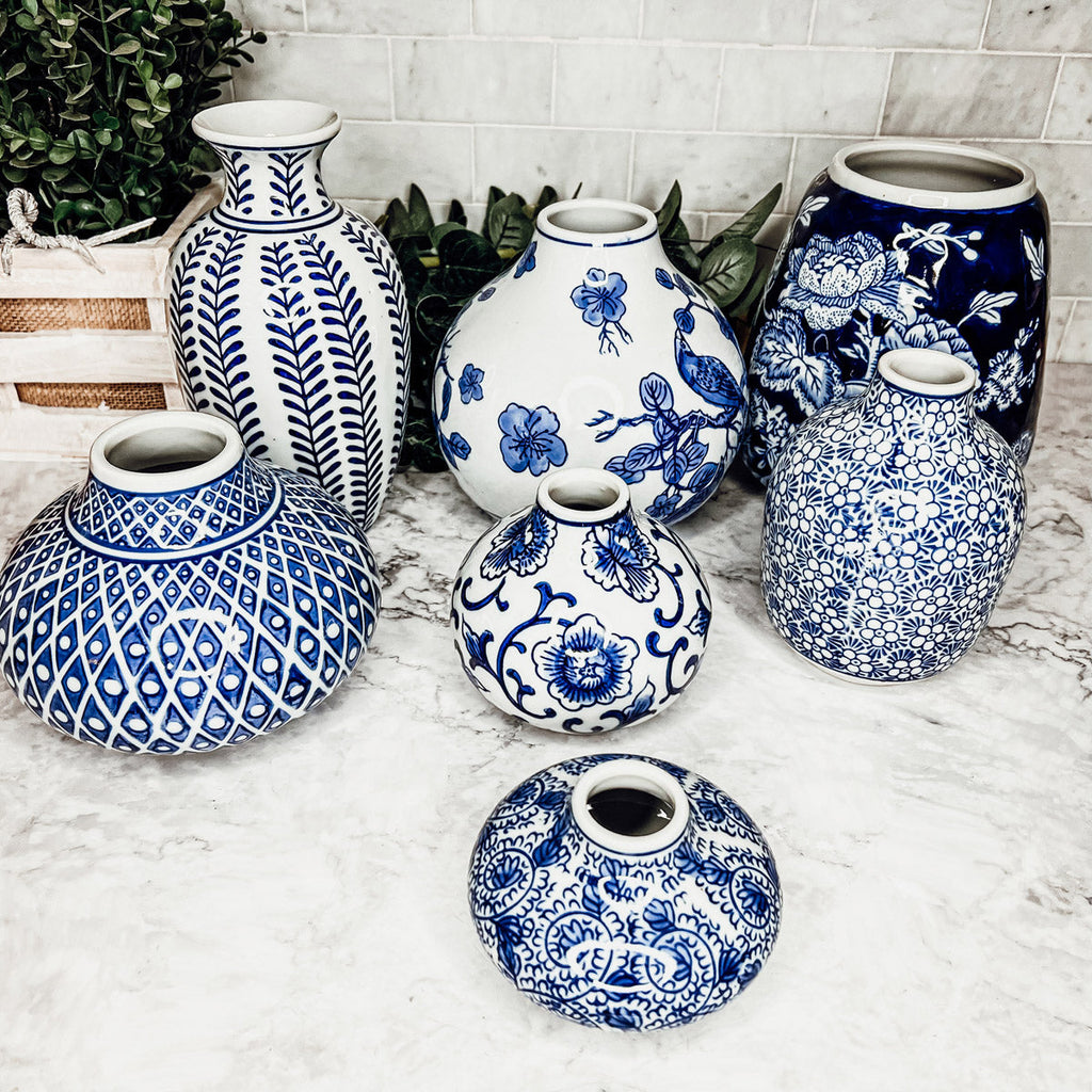 Samira Blue Chinoiserie Porcelain Vases - Hand-Painted