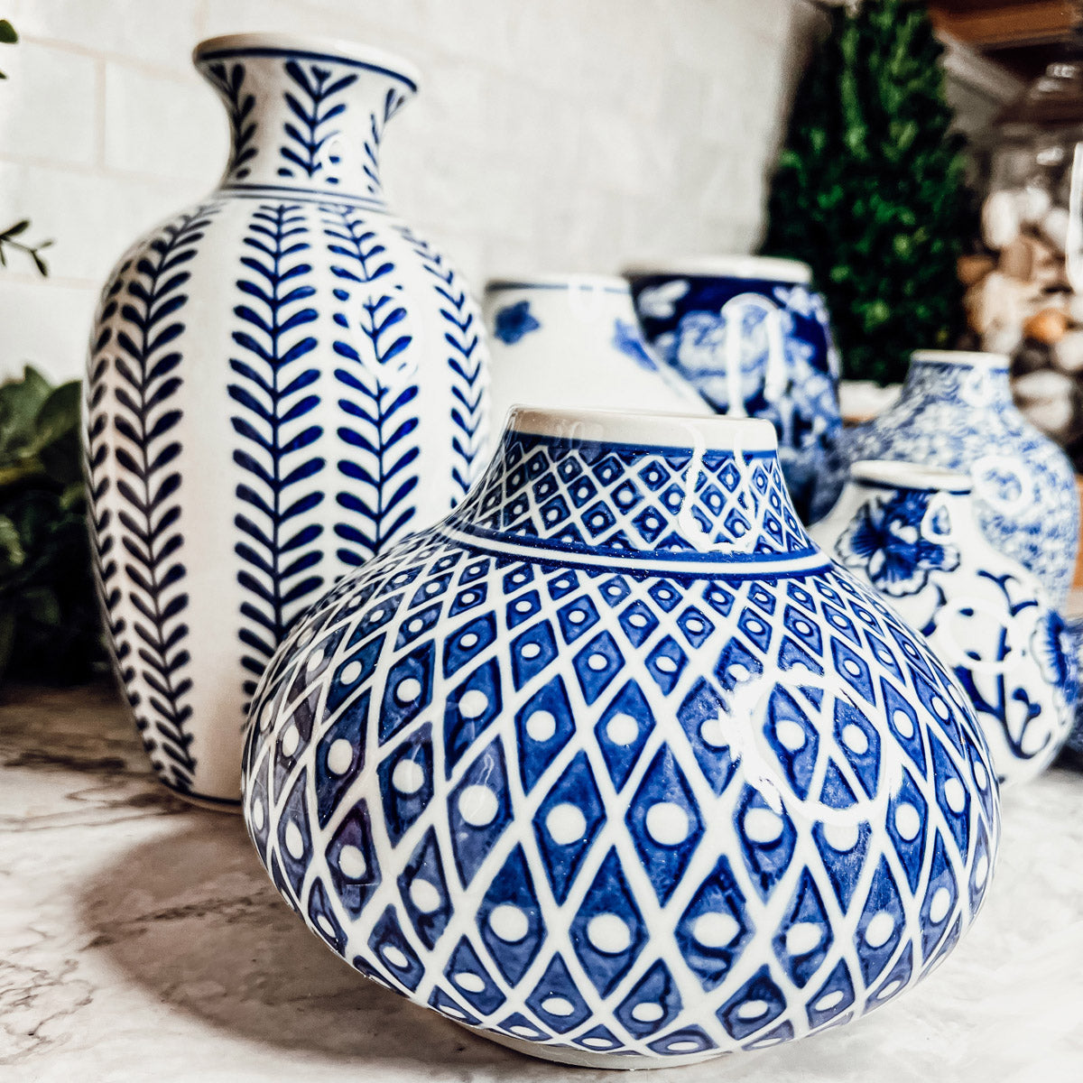 Samira Blue Chinoiserie Porcelain Vases - Hand-Painted