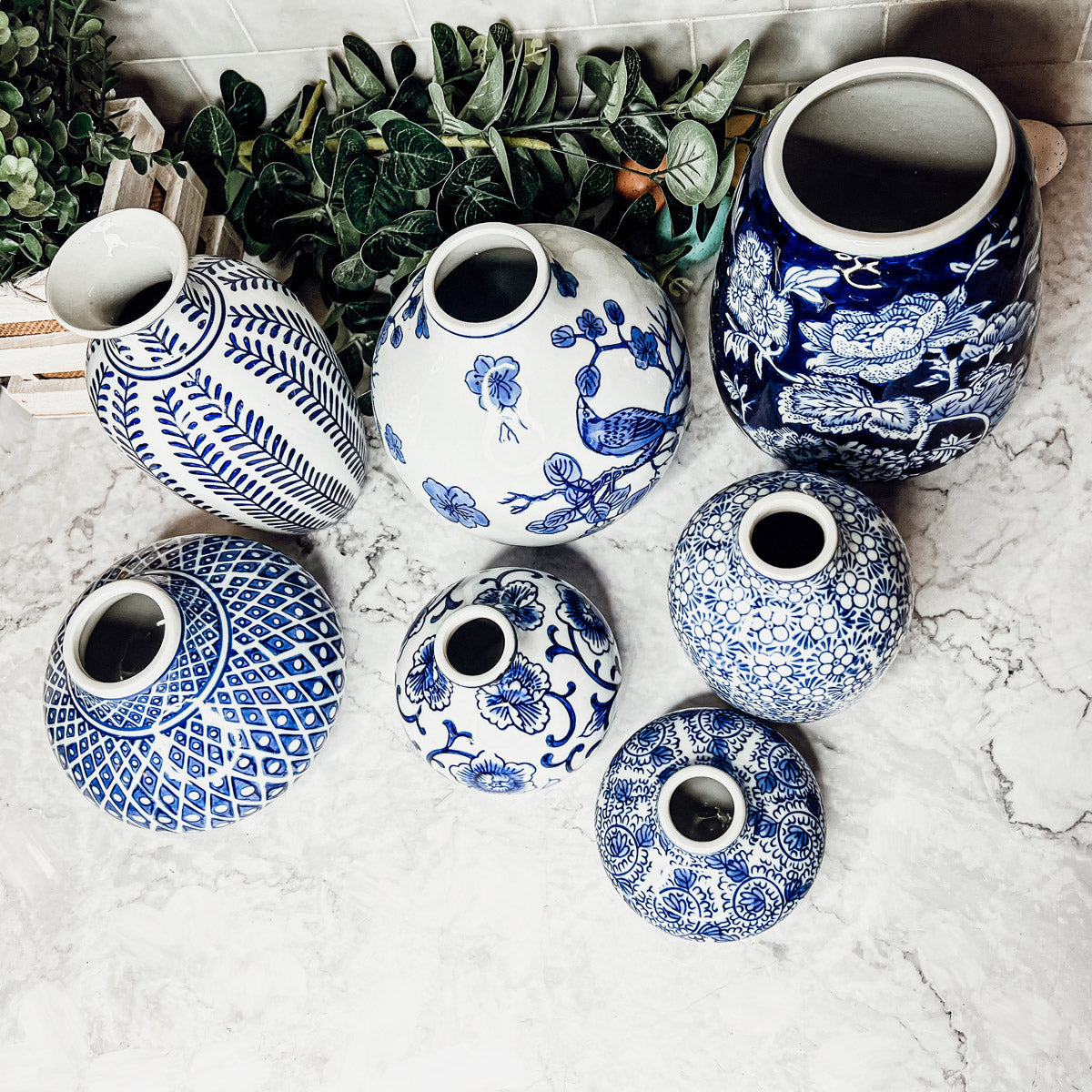 Samira Blue Chinoiserie Porcelain Vases - Hand-Painted