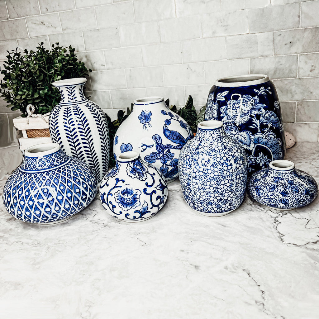 Samira Blue Chinoiserie Porcelain Vases - Hand-Painted
