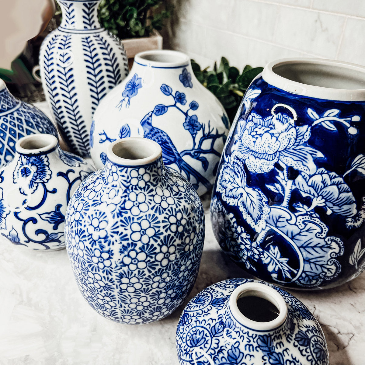 Samira Blue Chinoiserie Porcelain Vases - Hand-Painted