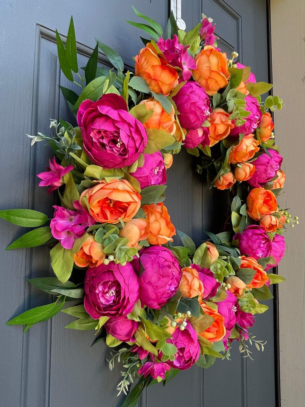 Bright Pink Orange Peony Wreath - Vibrant Grapevine Spring Decor
