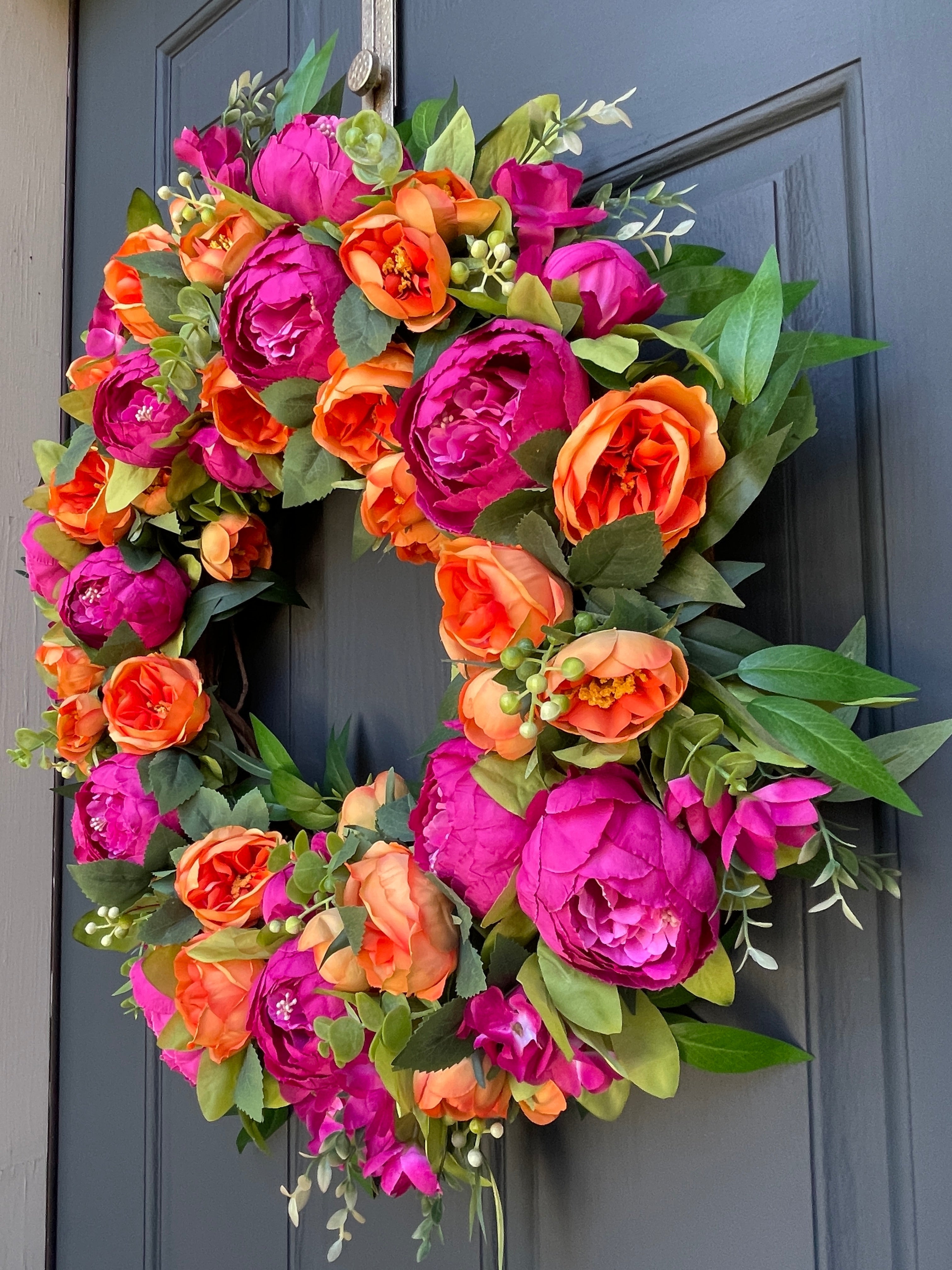 Bright Pink Orange Peony Wreath - Vibrant Grapevine Spring Decor