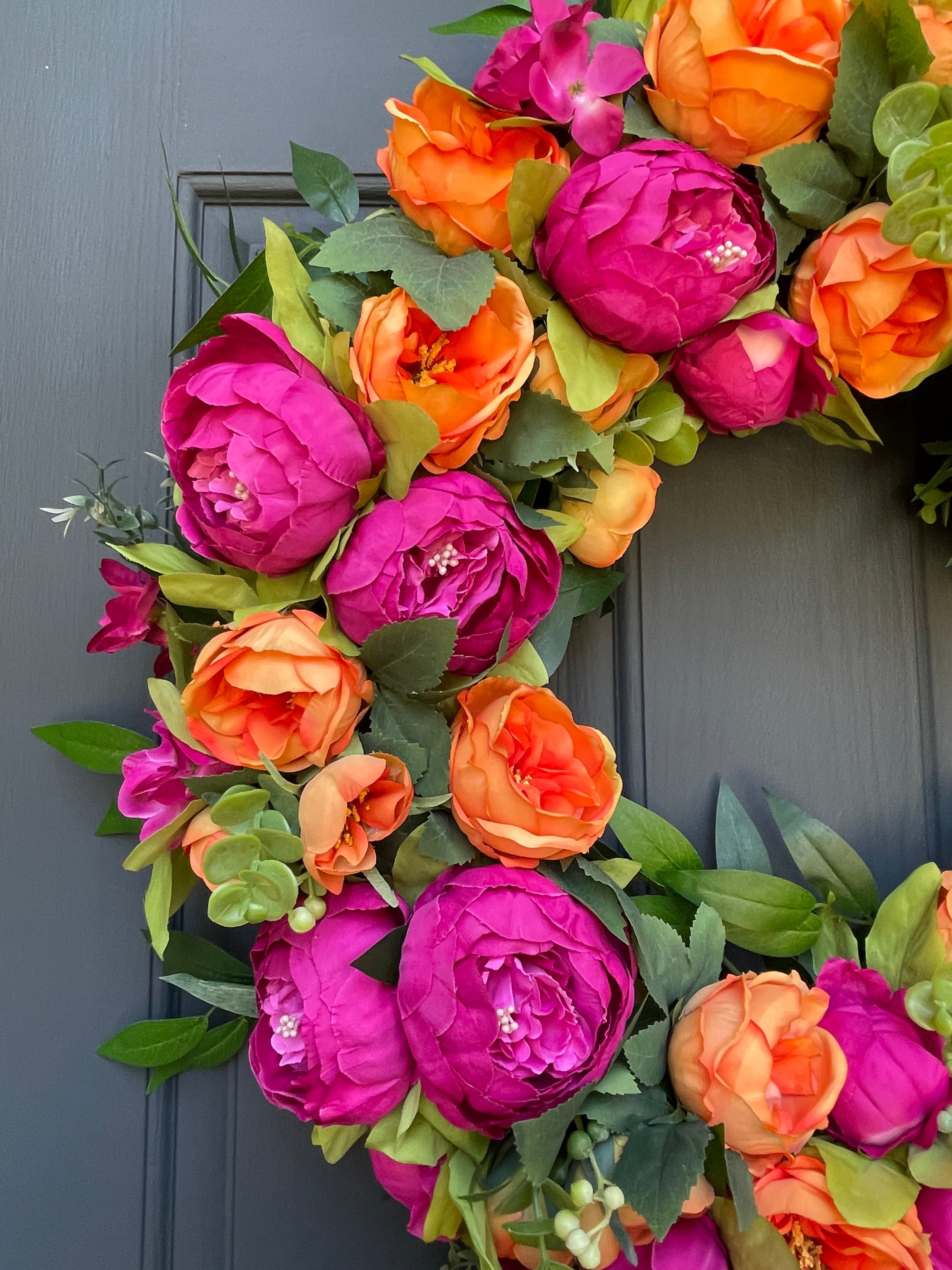 Bright Pink Orange Peony Wreath - Vibrant Grapevine Spring Decor