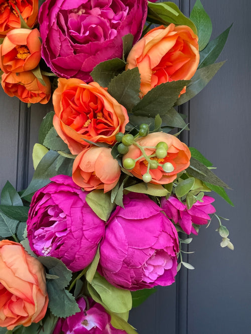 Bright Pink Orange Peony Wreath - Vibrant Grapevine Spring Decor