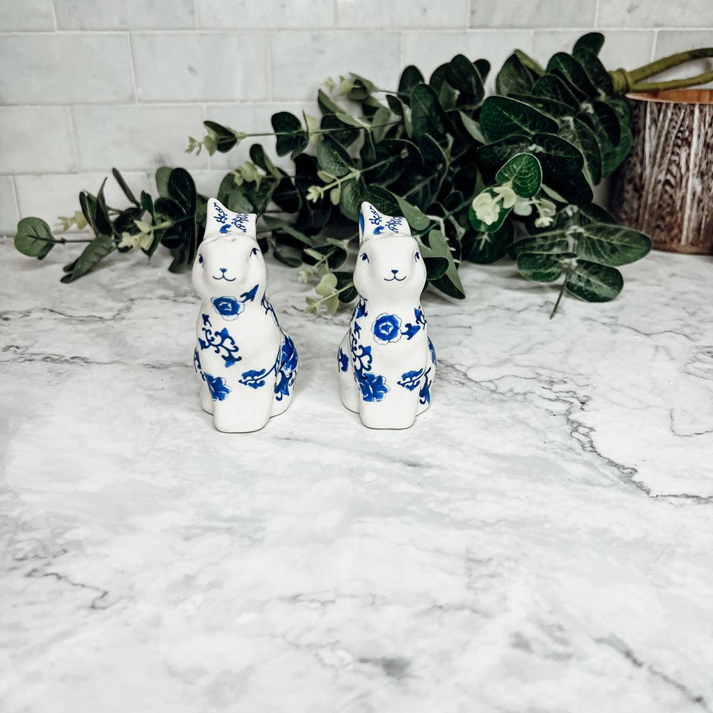 Blue and White Bunny Salt & Pepper Shakers - Hand Painted Porcelain