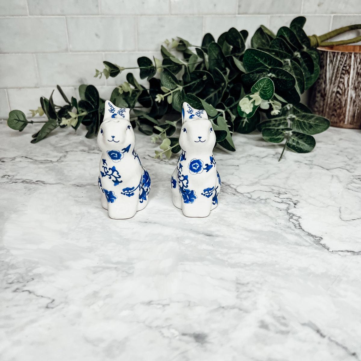 Blue and White Bunny Salt & Pepper Shakers - Hand Painted Porcelain