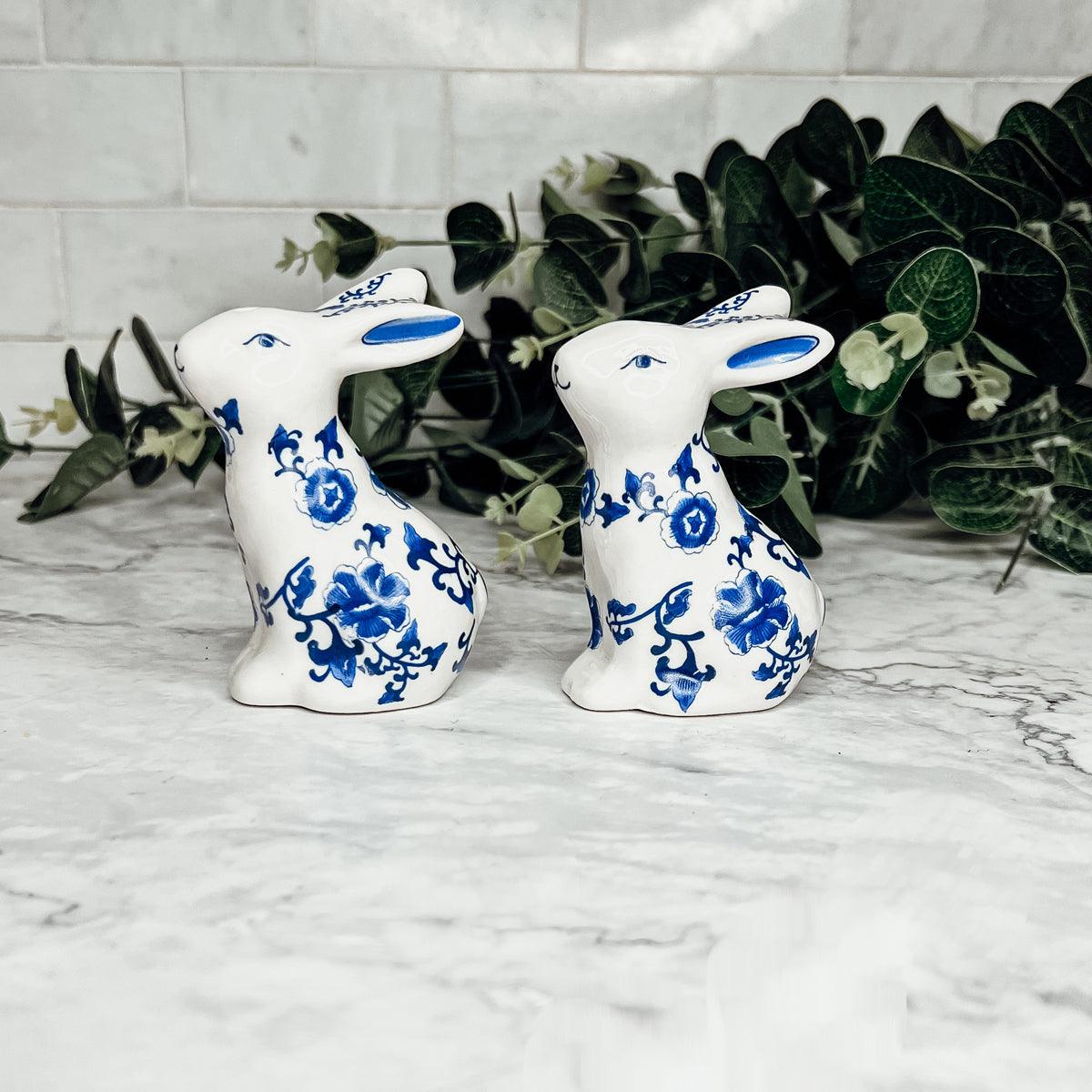 Blue and White Bunny Salt & Pepper Shakers - Hand Painted Porcelain