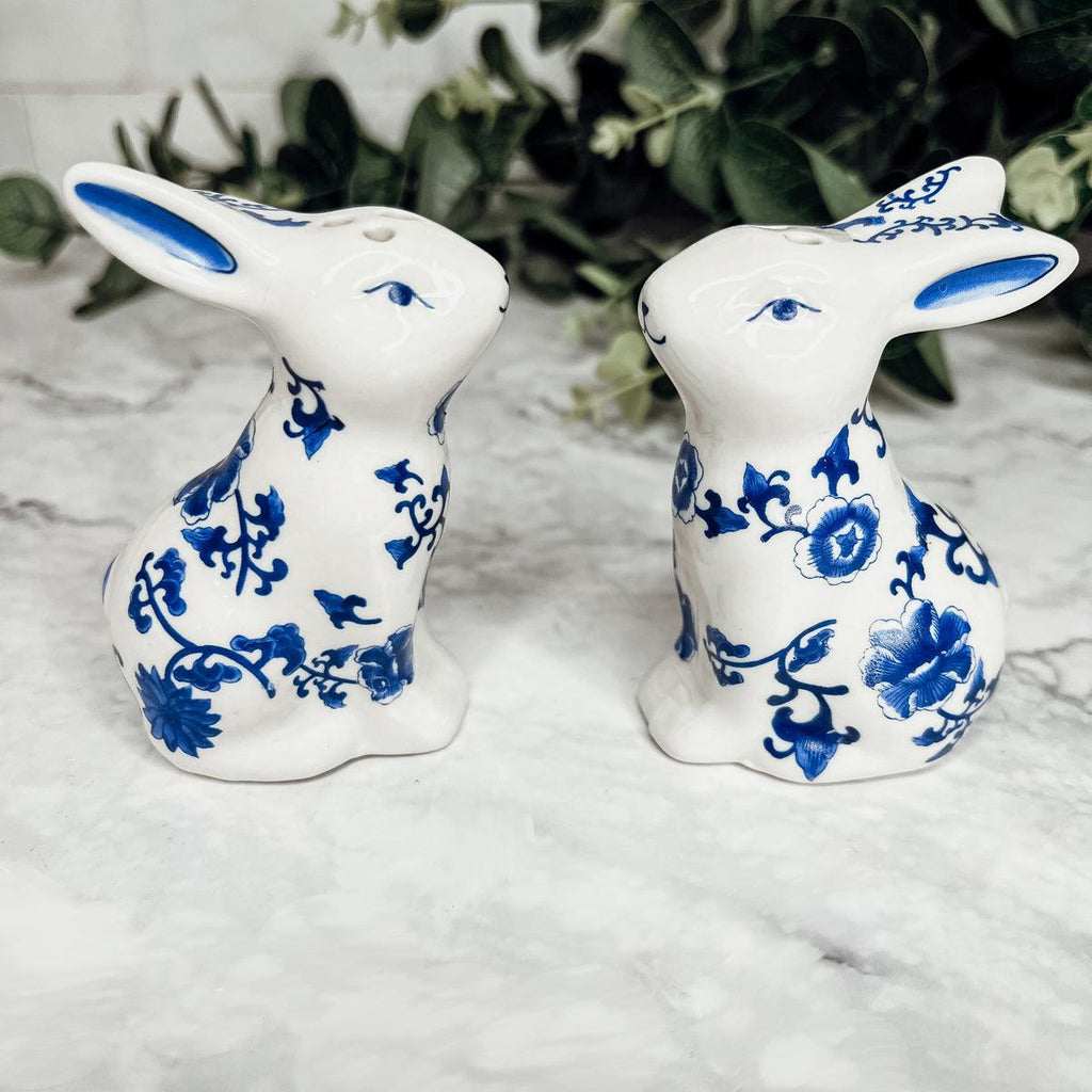 Blue and White Bunny Salt & Pepper Shakers - Hand Painted Porcelain