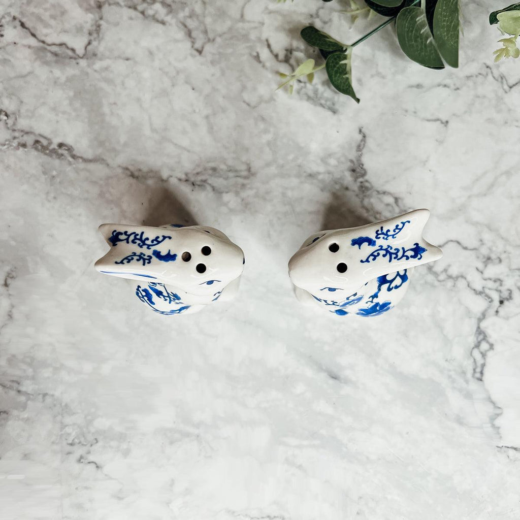 Blue and White Bunny Salt & Pepper Shakers - Hand Painted Porcelain