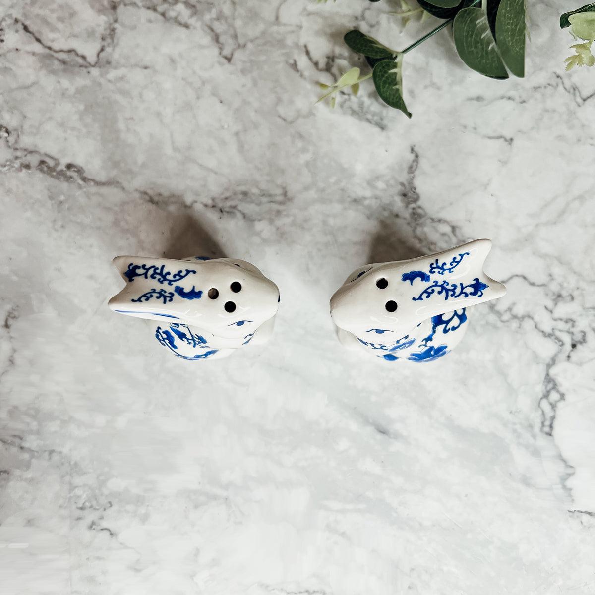 Blue and White Bunny Salt & Pepper Shakers - Hand Painted Porcelain