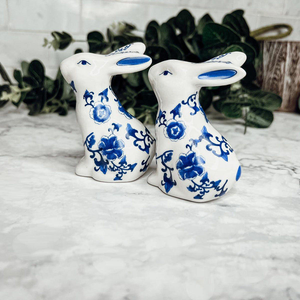 Blue and White Bunny Salt & Pepper Shakers - Hand Painted Porcelain