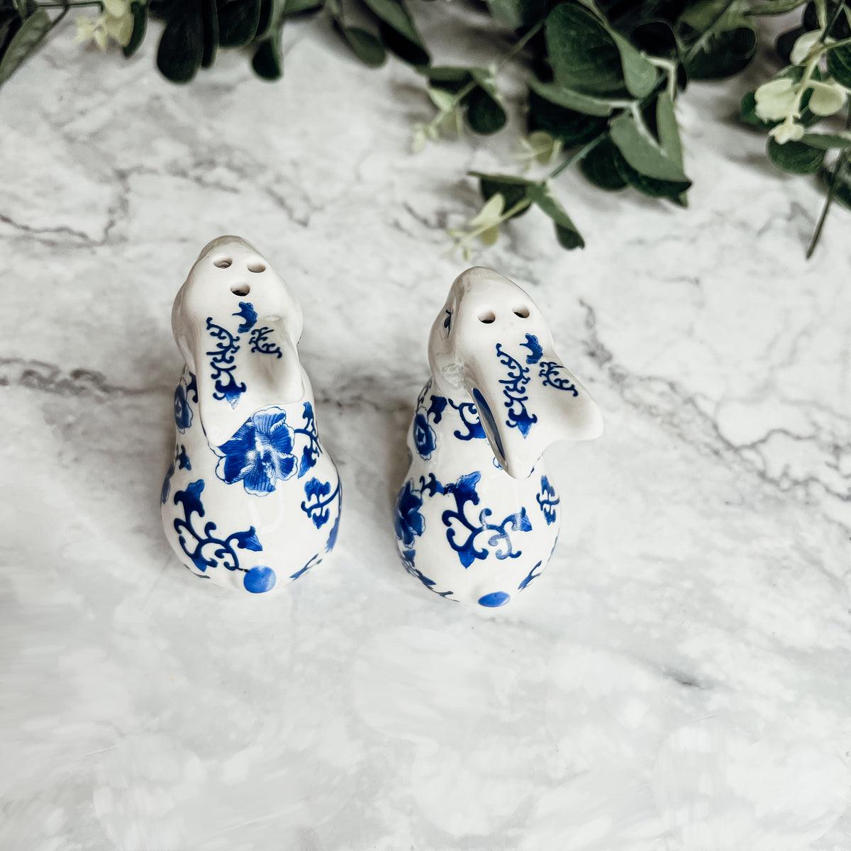 Blue and White Bunny Salt & Pepper Shakers - Hand Painted Porcelain