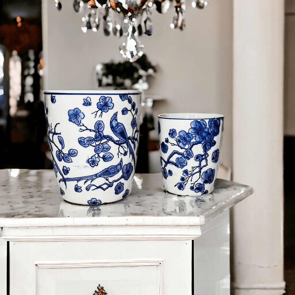 Chinoiserie Blue & White Porcelain Vases - Hand-Painted