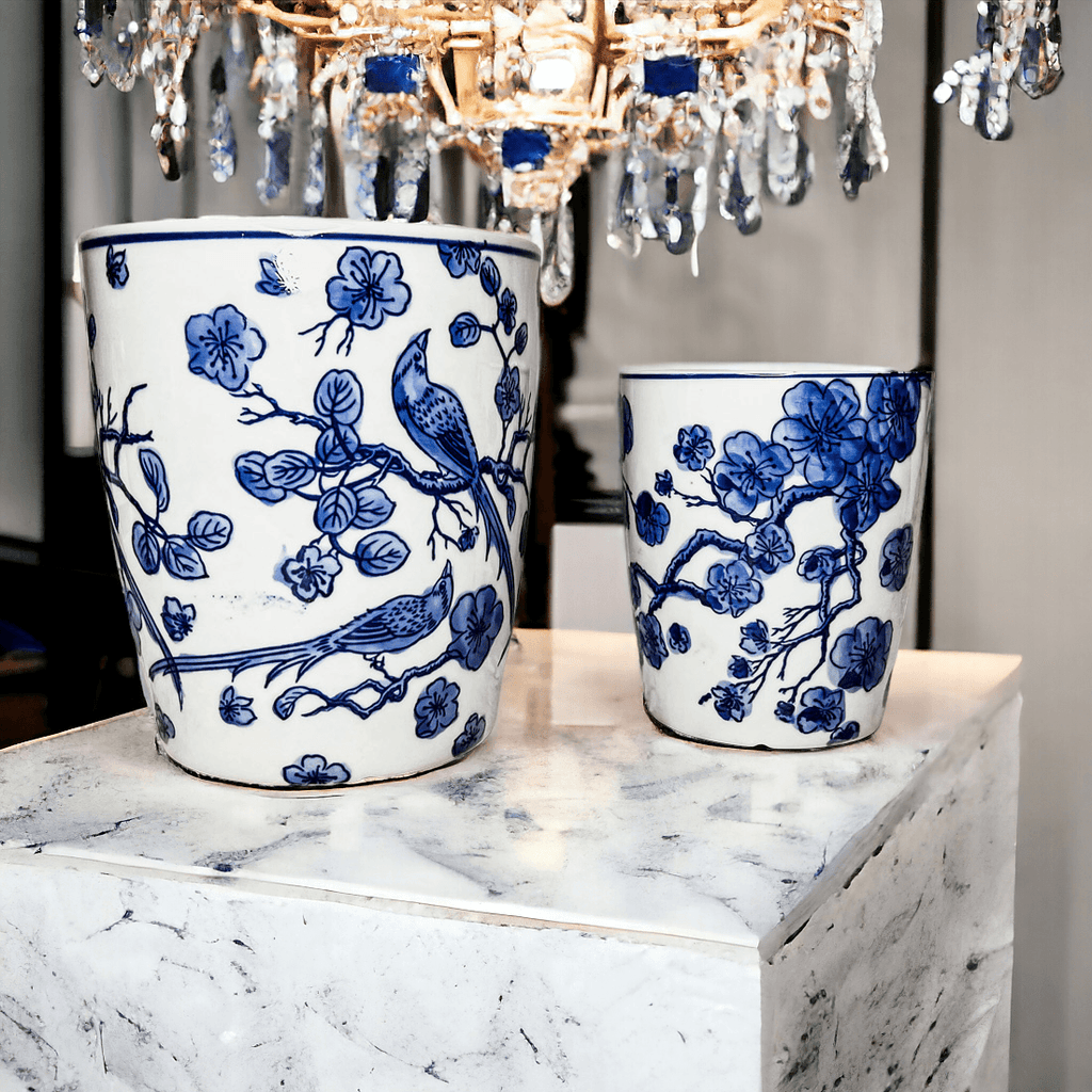 Chinoiserie Blue & White Porcelain Vases - Hand-Painted