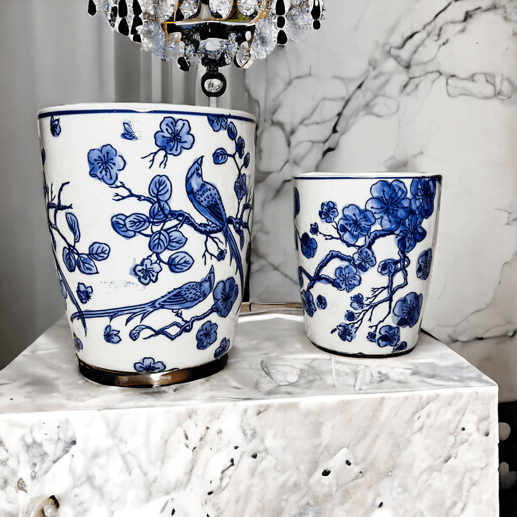 Chinoiserie Blue & White Porcelain Vases - Hand-Painted