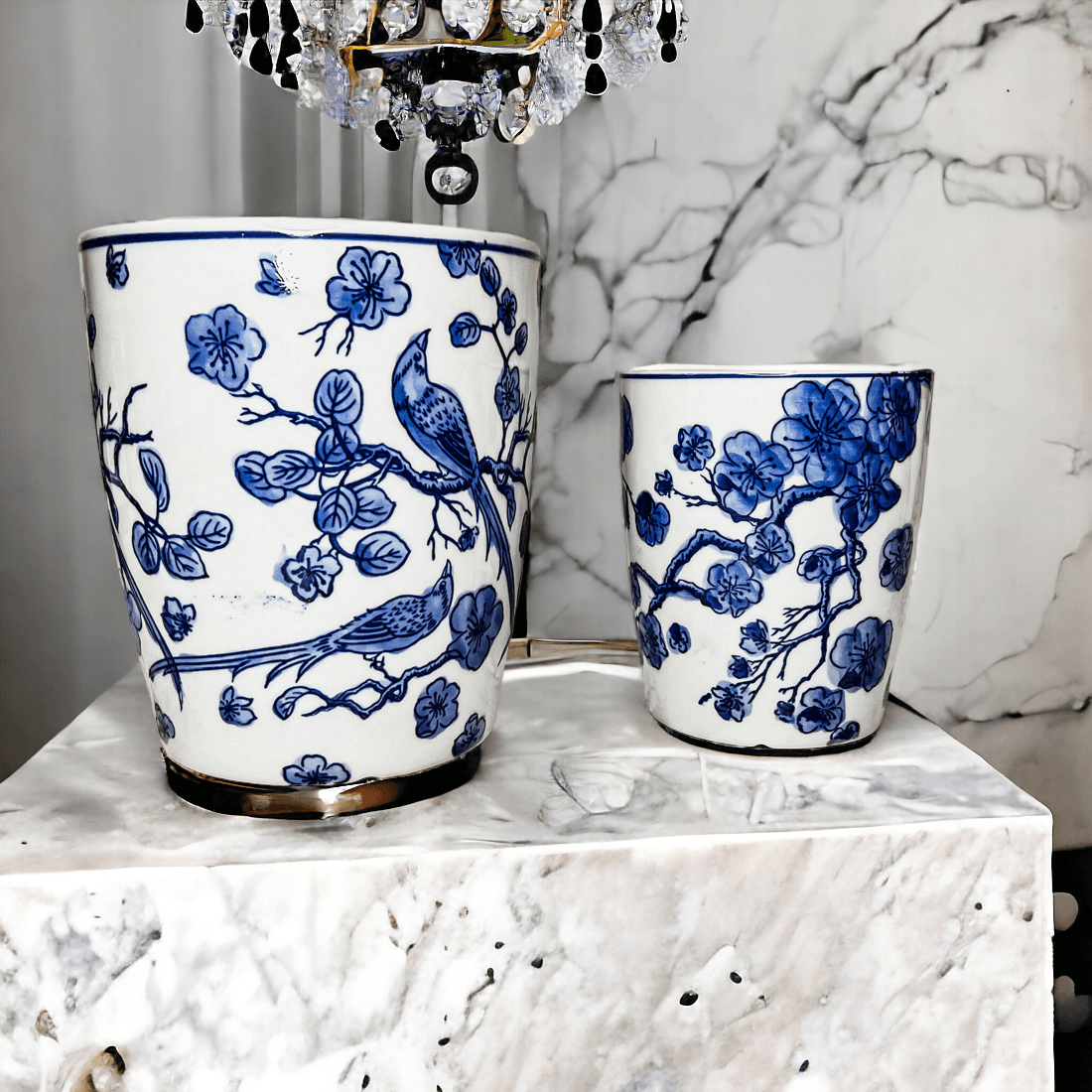 Chinoiserie Blue & White Porcelain Vases - Hand-Painted