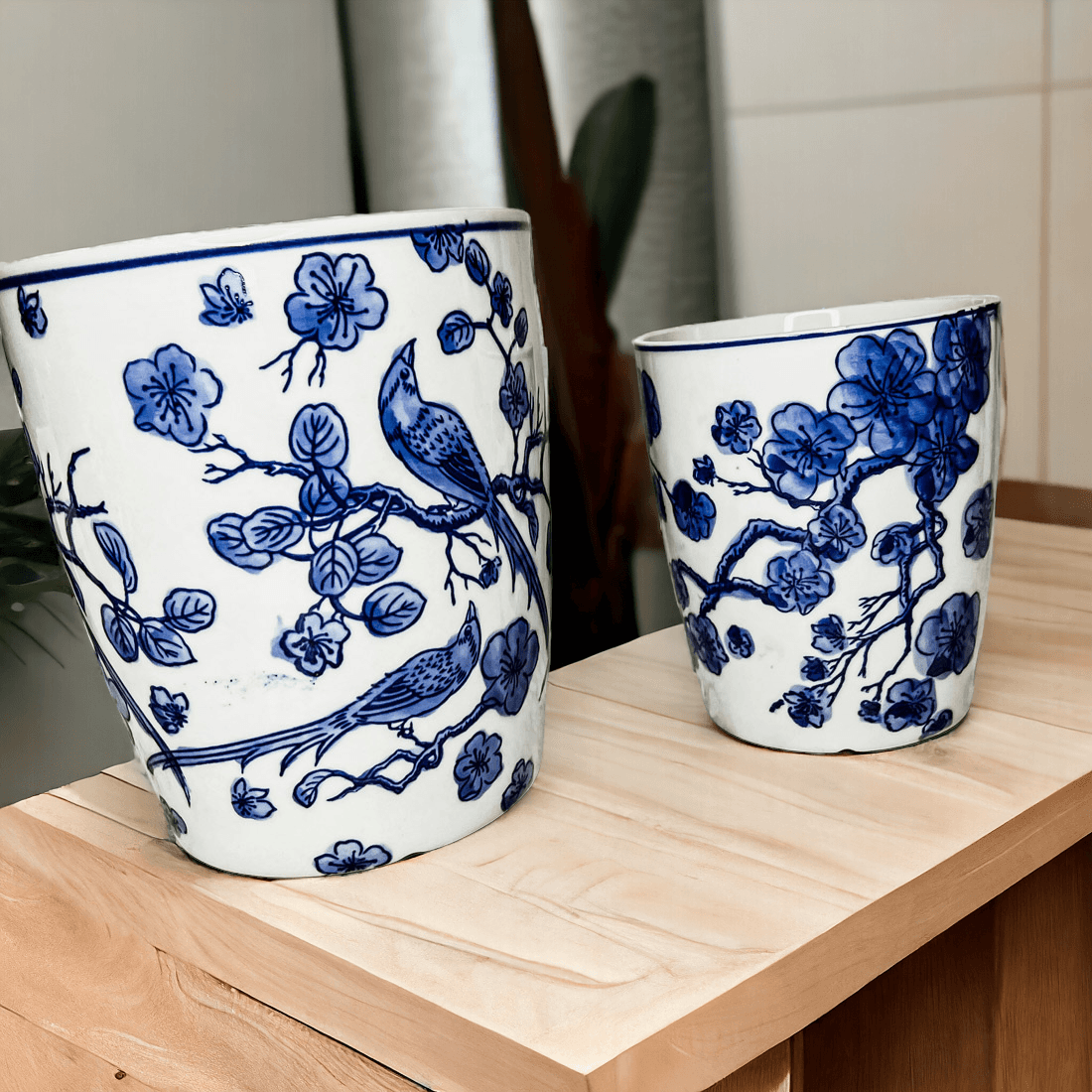 Chinoiserie Blue & White Porcelain Vases - Hand-Painted