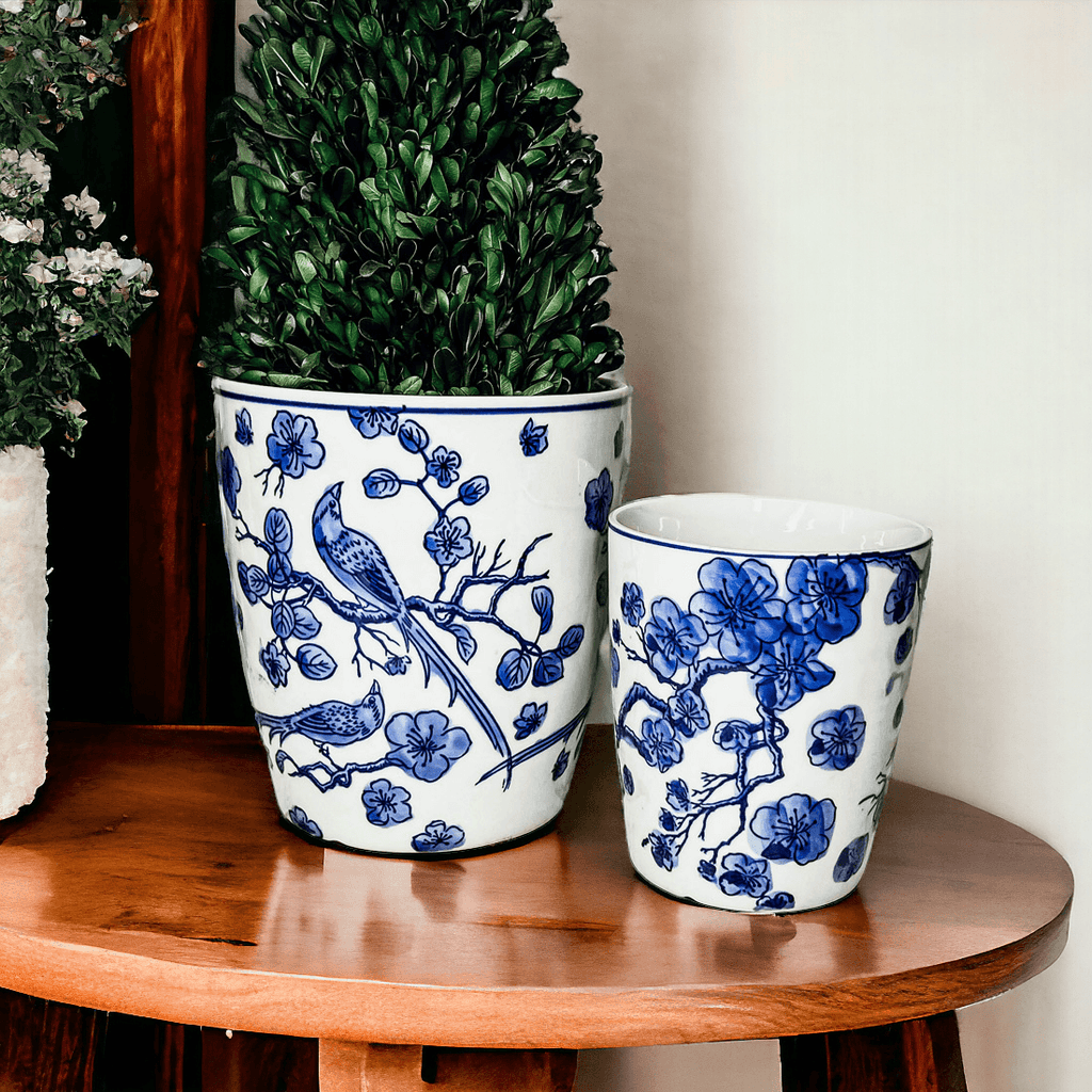 Chinoiserie Blue & White Porcelain Vases - Hand-Painted