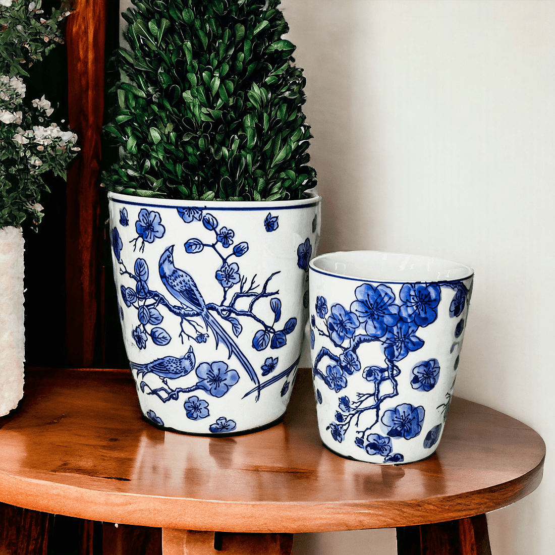Chinoiserie Blue & White Porcelain Vases - Hand-Painted