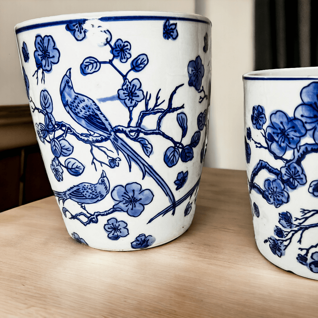 Chinoiserie Blue & White Porcelain Vases - Hand-Painted