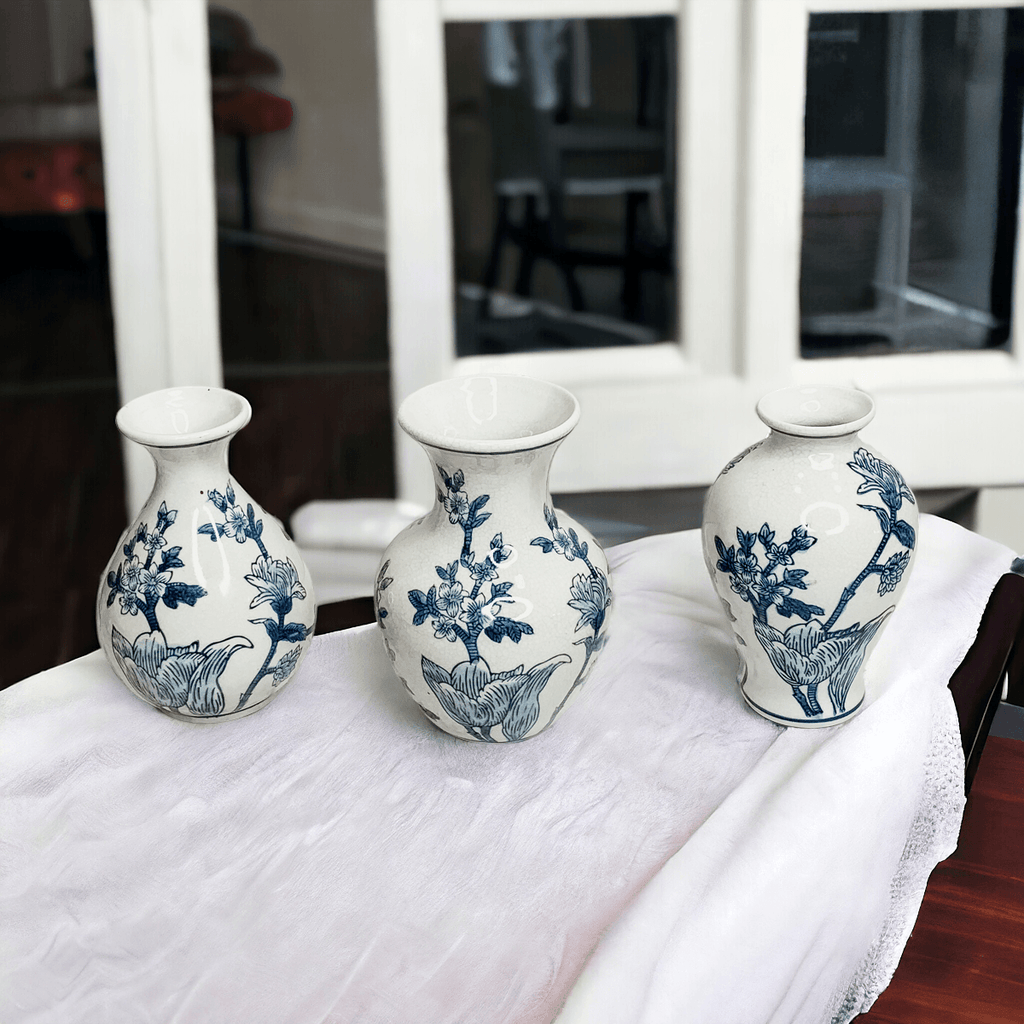 Japanese Floral Blue White Vase - Hand Painted Chinoiserie Porcelain