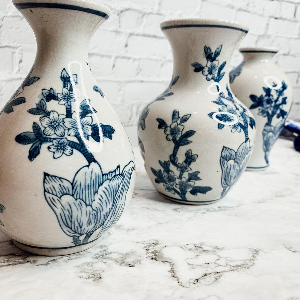 Japanese Floral Blue White Vase - Hand Painted Chinoiserie Porcelain
