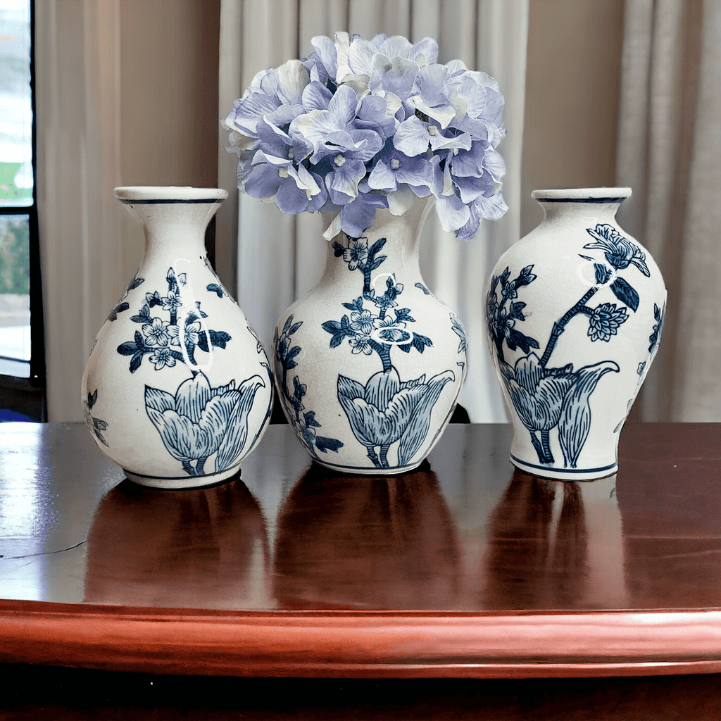 Japanese Floral Blue White Vase - Hand Painted Chinoiserie Porcelain