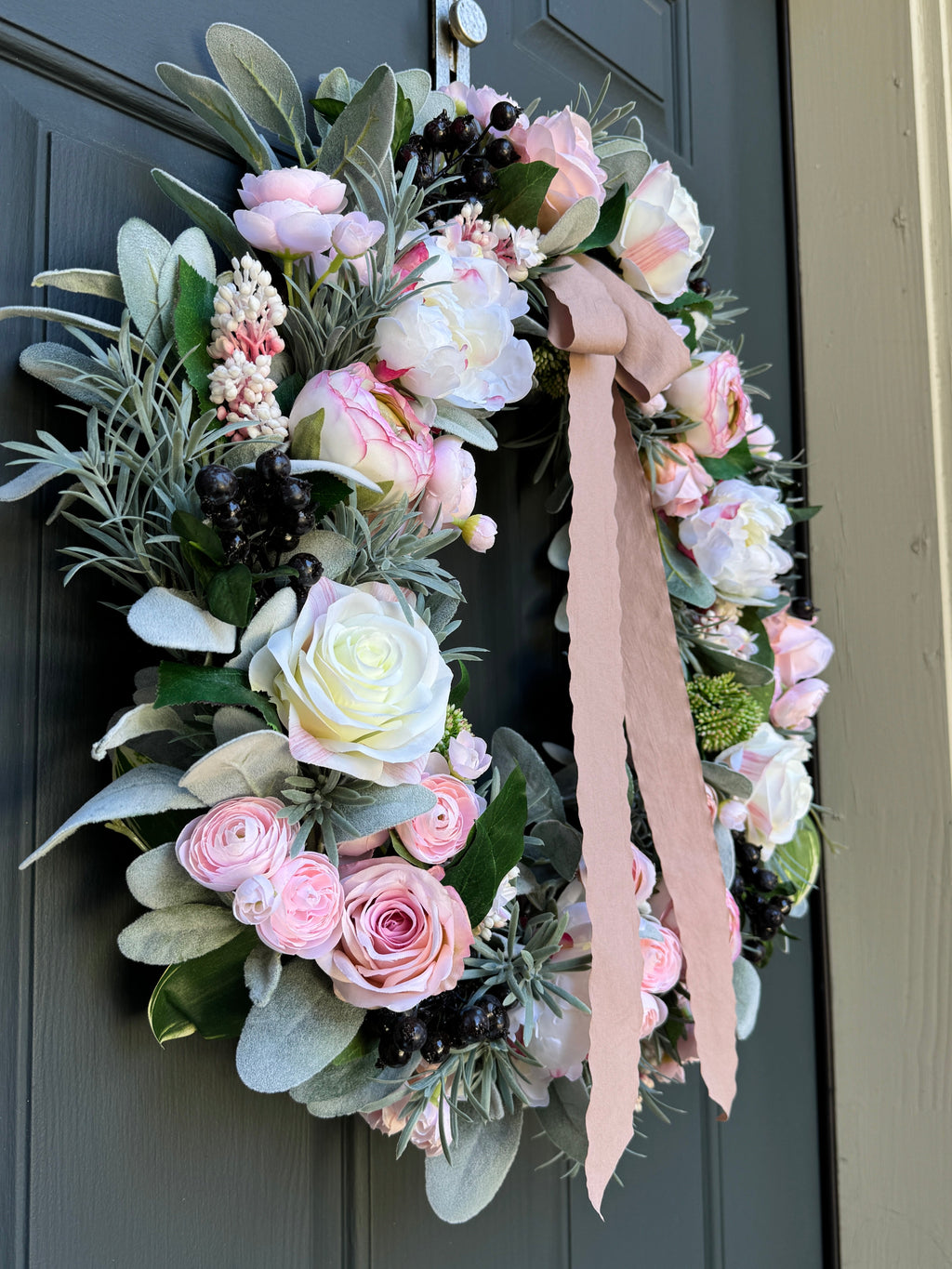 Pink Peony Rose Ranunculus Spring Wreath - Handcrafted with Bow