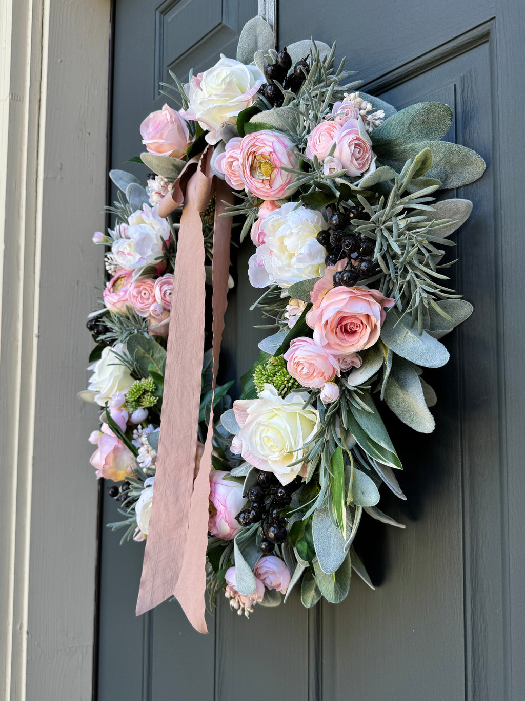 Pink Peony Rose Ranunculus Spring Wreath - Handcrafted with Bow