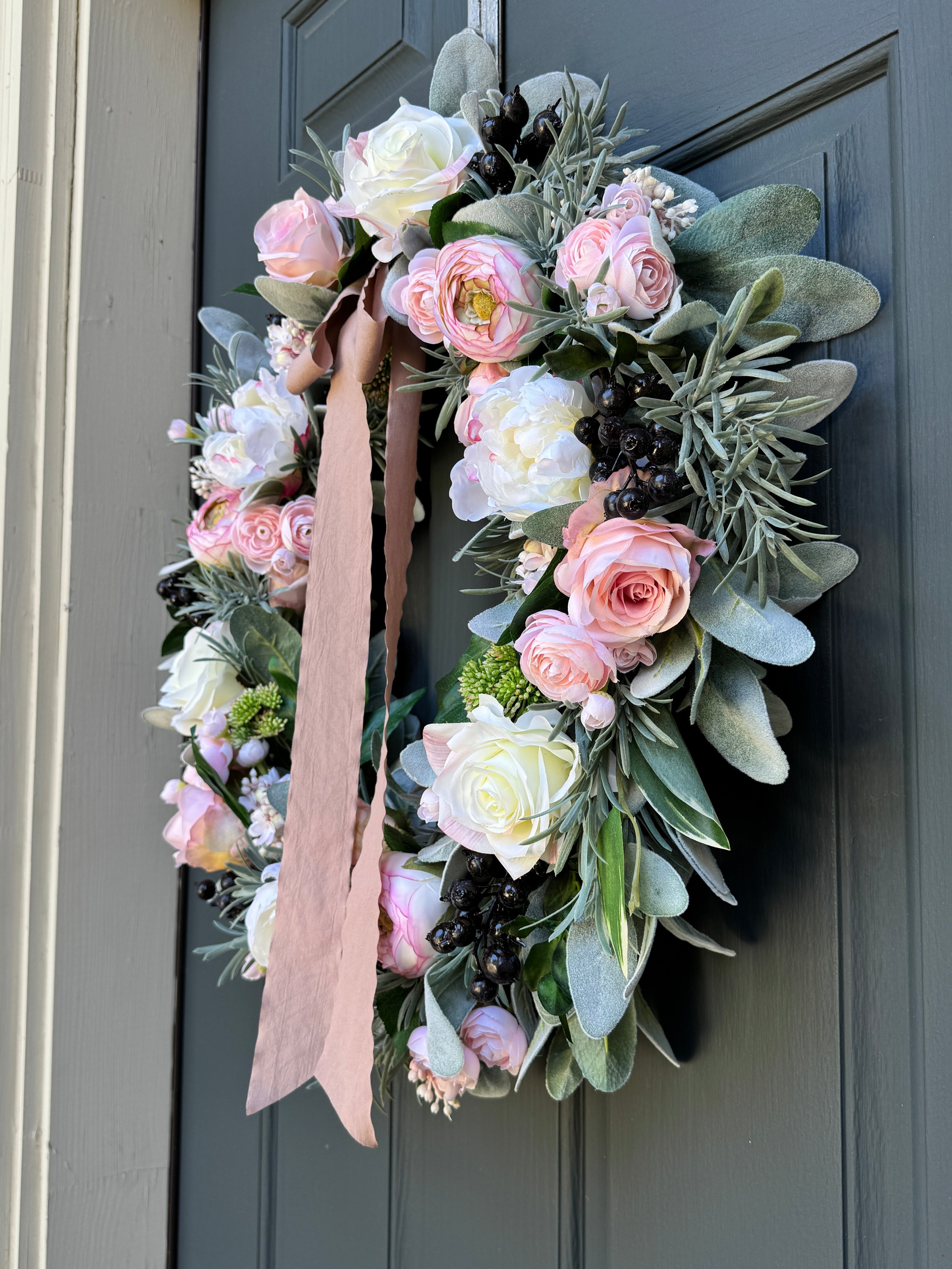 Pink Peony Rose Ranunculus Spring Wreath - Handcrafted with Bow