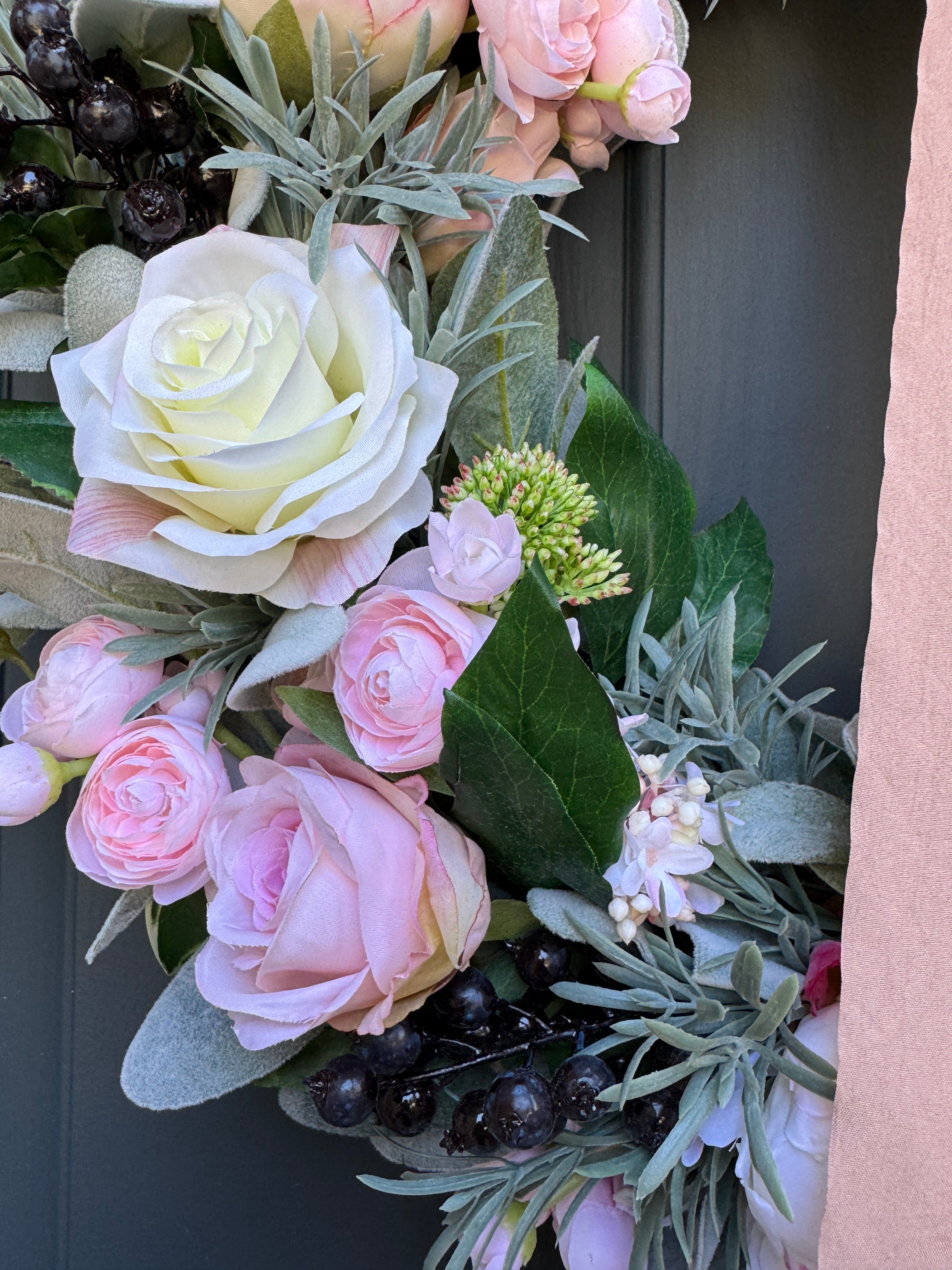 Pink Peony Rose Ranunculus Spring Wreath - Handcrafted with Bow