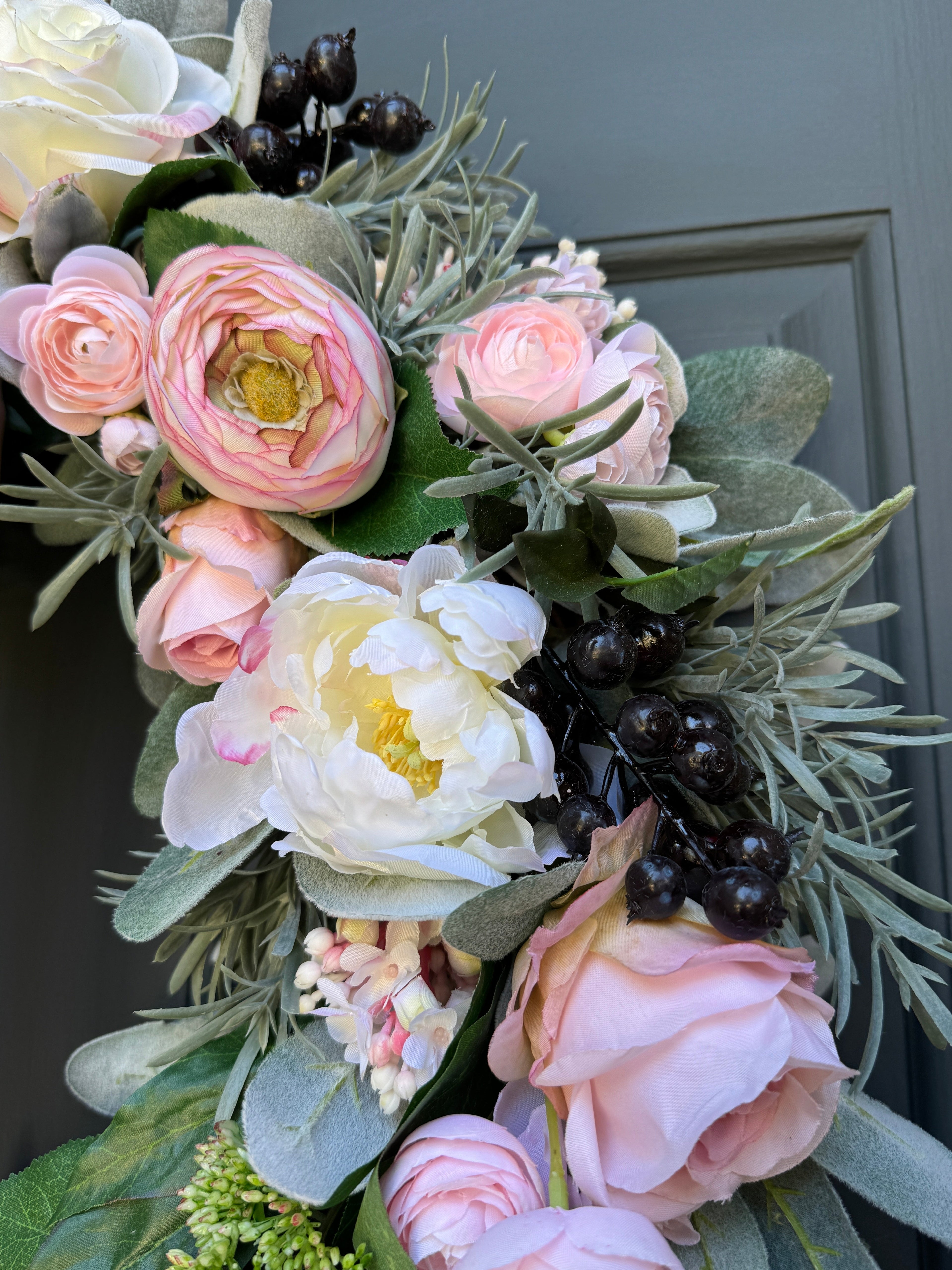 Pink Peony Rose Ranunculus Spring Wreath - Handcrafted with Bow